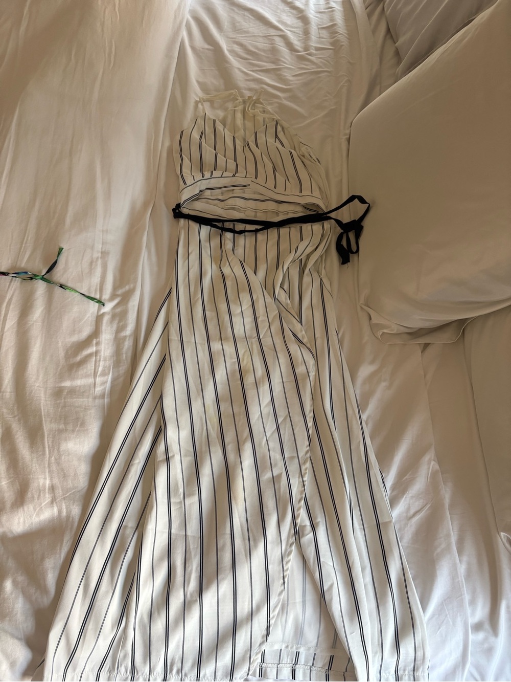 Striped White Maxi Dress with Black Waist Tie